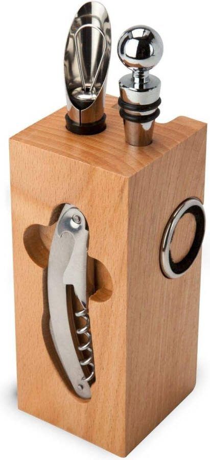 Cadeauartikel Wijnaccessoires Beukenblok Wijnaccessoires 7-delig blok met sommeliermes 2 druppelringen wijnthermometer flessensluiting schenktuit; afmetingen: ca. 7 x 7 x 22 cm