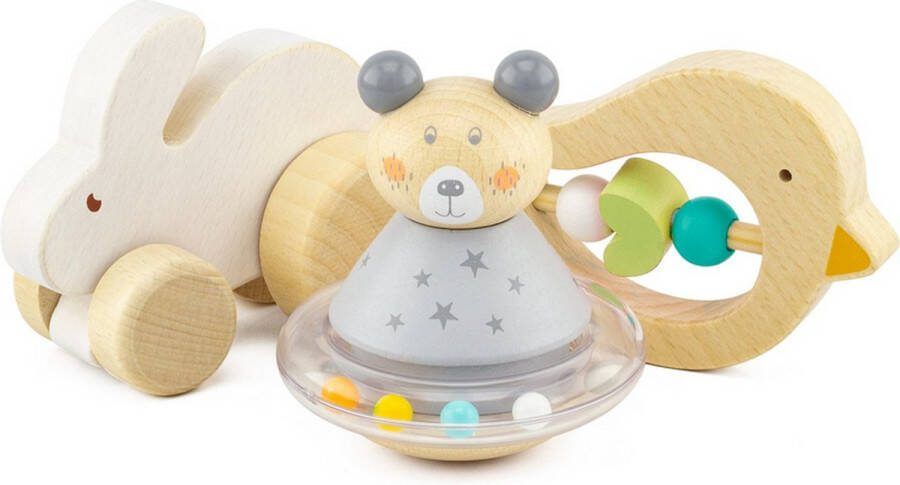 Cadeauset baby- houten speelgoed- konijn-vogel-beertje- speelgoed vanaf geboorte