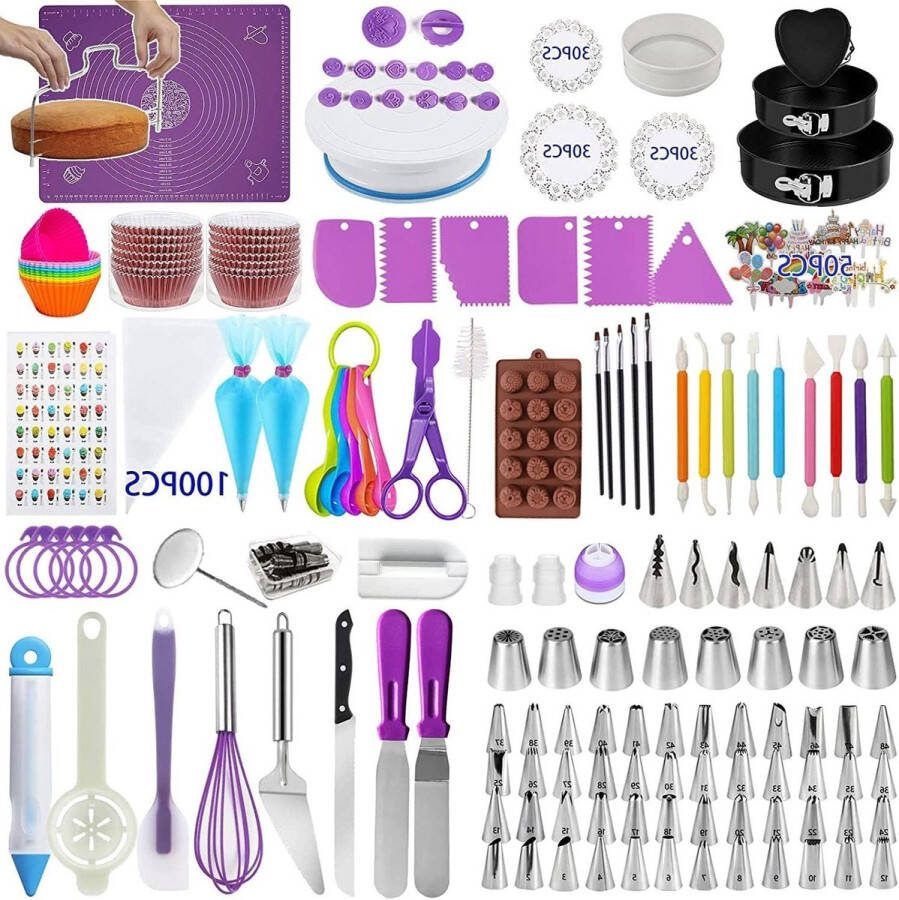 Cake Decorating Supplies Kit Set Bakken Gebak Gereedschap Springform Cake Pans Non-Stick Pastry Mat Draaitafel Stand Cake Leveler Russische Icing Tips Ball Icing Tips met Patroon Chart