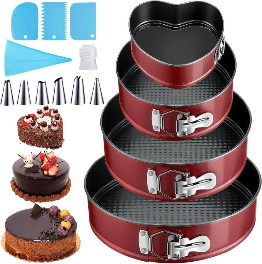 Cakevorm 12-18-22-26 cm rond Lekvrije bakvorm met anti-aanbaklaag en spuitmonden Springvorm van staal Silicone muffinvorm Rood Springvorm