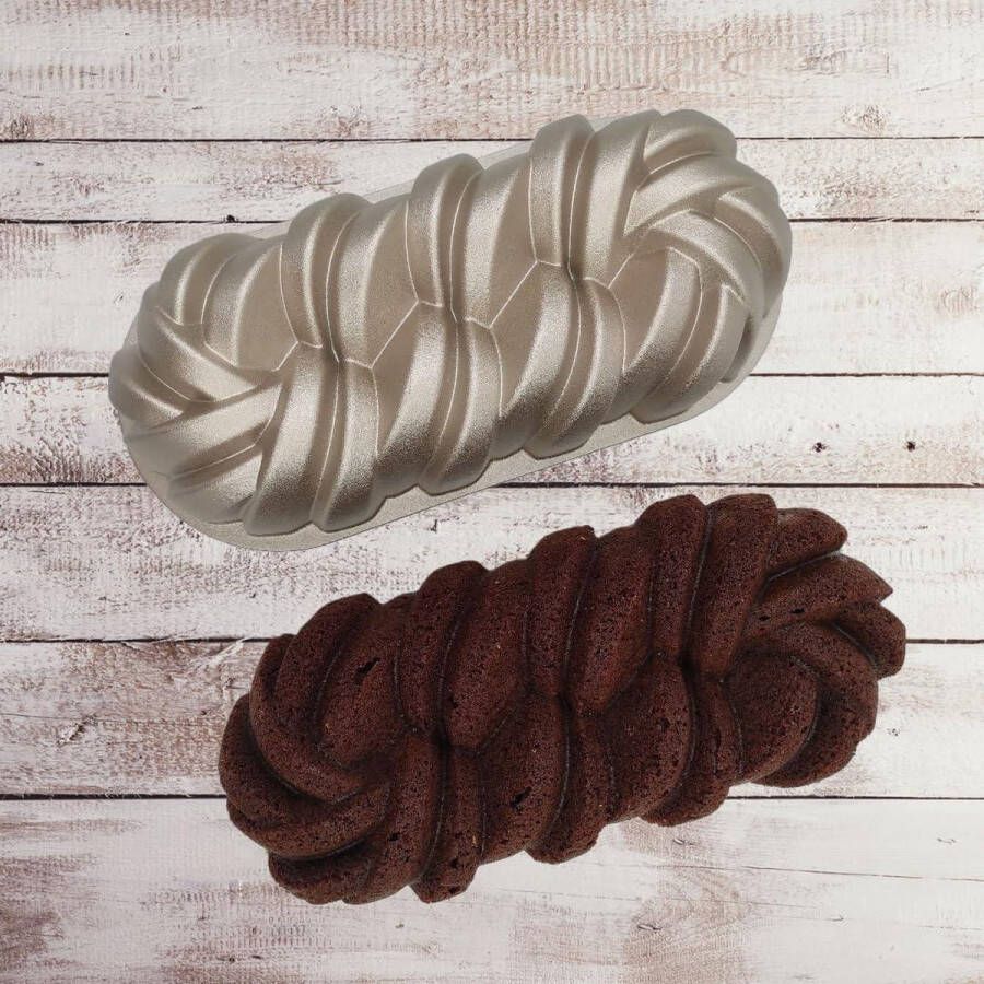 Cakevorm gevlochten brood brioche gegoten aluminium goudbeige 31 x 14 x 8 cm