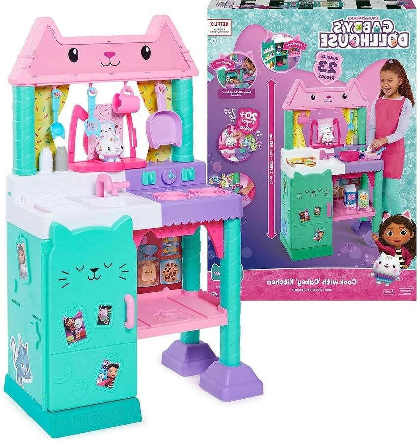 Cakey-keukenset voor kinderen met Gabby's Poppenhuiskeukenaccessoires speelgoedeten geluiden en muziek. Speelgoed keuken