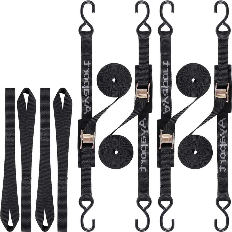 Cam Buckle Tie Down Straps 1000 kg Breaksterkte beveiligingsriemen voor motorfiets kajak auto vrachtwagen boot dirtbike 4 stuks (18 m x 25 cm) Spanbanden met ratel