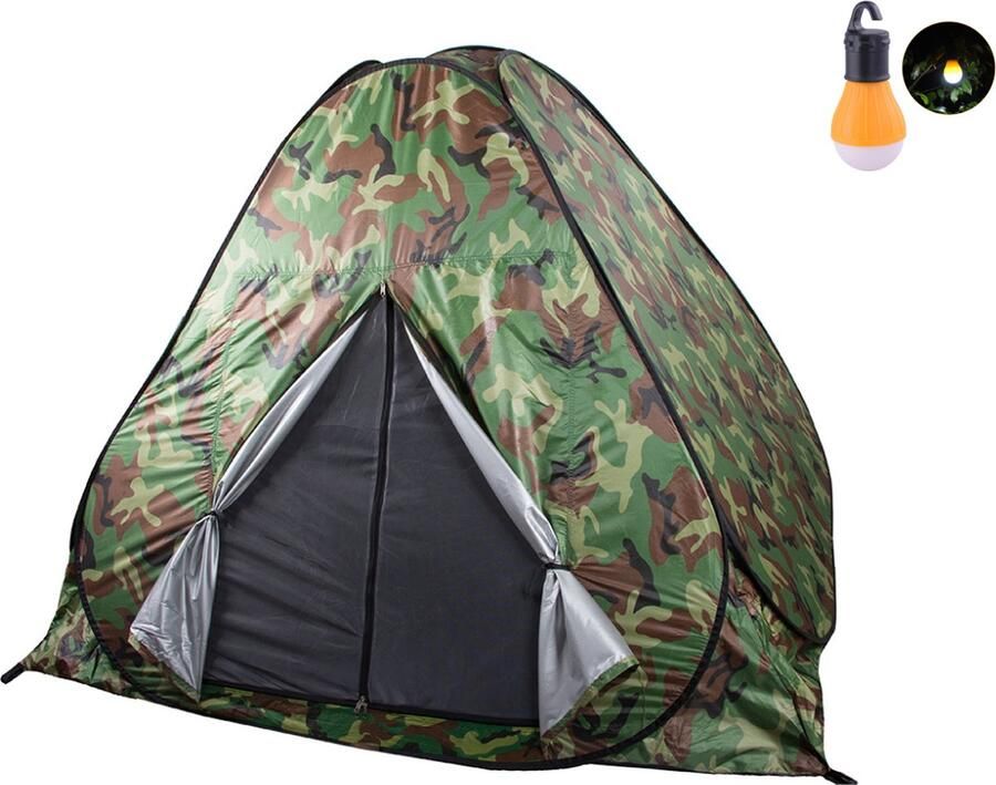 Camouflage Tent voor 2 personen met Muggennet + Campinglamp Pop-up Tent Handige Opberg Rugzak Ideaal voor Hiking Kamperen Vissen Festival Survival- Visserstent Camping Speeltent