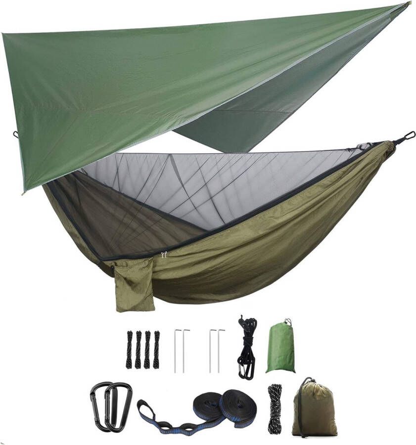 Camping hangmatset enkele dubbele hangmat muggennet insectennet regenvliegen zeer sterke parachutestof hangbed. Geschikt voor outdoor wandelen kamperen reizen groen