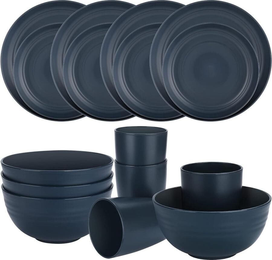 Camping Servies Set 4 Borden en Schalen Magnetron Veilig Vaatwasmachinebestendig voor Keuken RV (marineblauw)