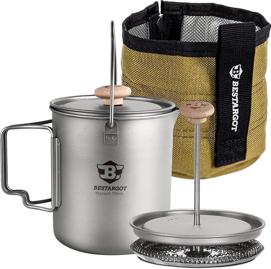 Camping titanium pan mok outdoor met beker cozy 750 ml Max French Press titanium campingservies koffiebereider campingkoffiekooktoestel grote capaciteit licht en draagbaar