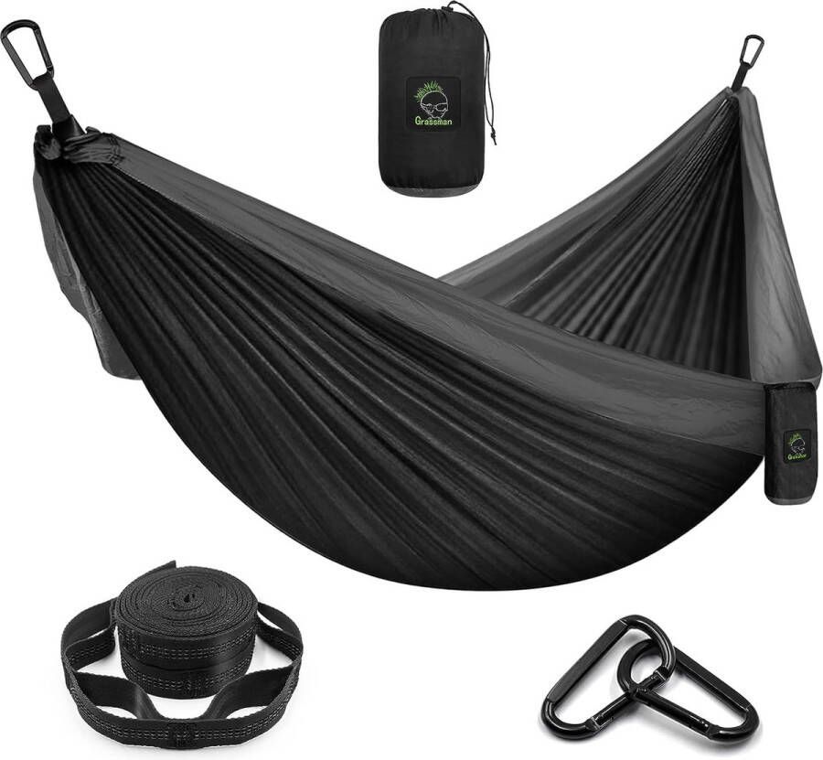 Campinghangmat Dubbele en enkele hangmat met boombanden lichtgewicht nylon parachutehangmat Campingaccessoires Uitrusting voor binnen en grote rugzakken irritant (zwart dubbel).275x140