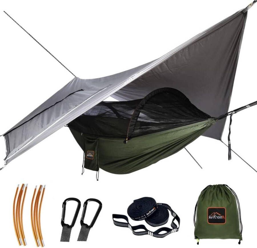 Campinghangmat met klamboe en regenvliegzeil dubbele hangmat met boomriemen nylon en waterdicht hike backpacken overnachten (groen) hangmat 2 person