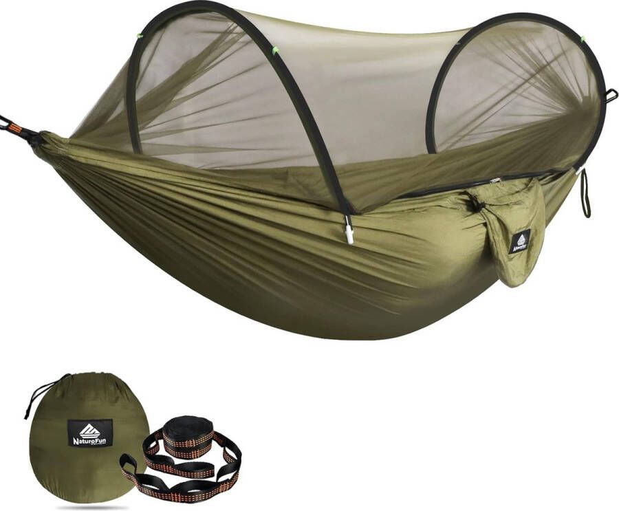 Campinghangmat ultralicht met snel te openen klamboe bescherming tegen muggen en kevers draagvermogen 300 kg 275 x 140 cm bevat 2x premium karabijnhaken 2x nylon lussen 275 x 140 cm