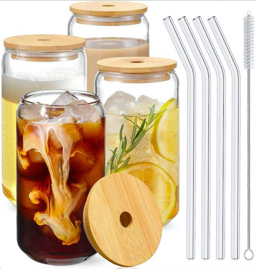 Can drinkglazen Set van 4 Met bamboe deksel 480 ml 48 cl Koffieglazen Transparant Vaatwasserbestendig Glazen rietje Zeer hoge kwaliteit