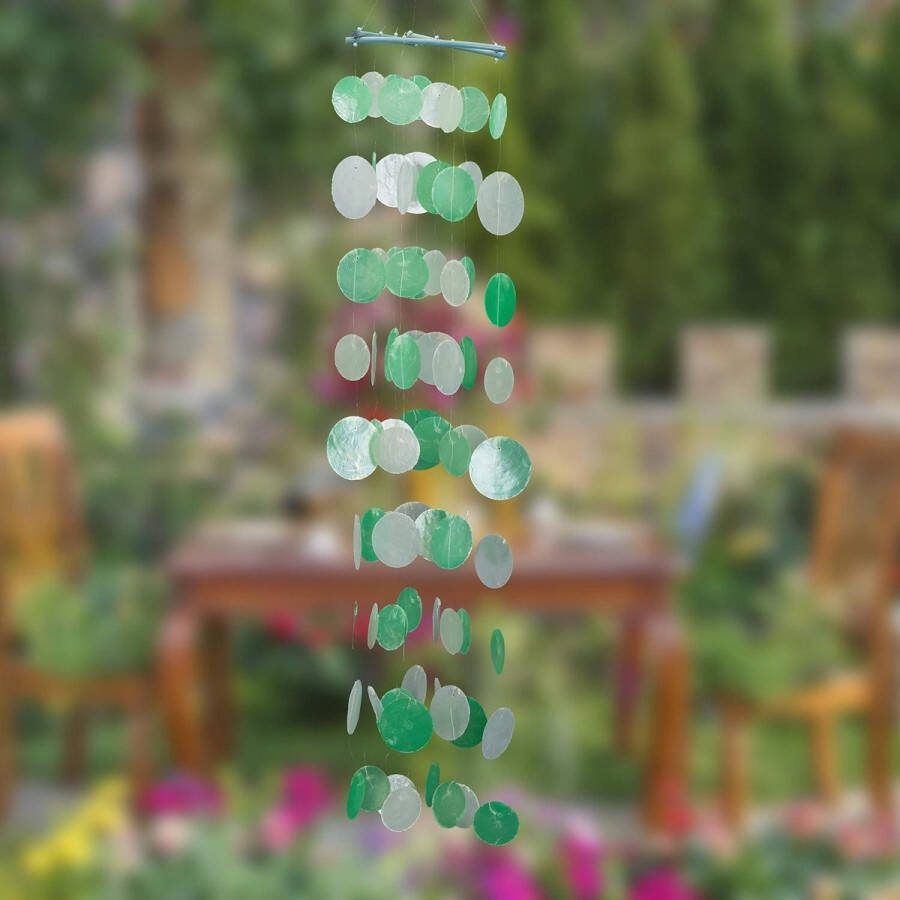 Capiz windgong schelpen windspel tuin raam balkon maritiem strand 110 cm lang groen-wit