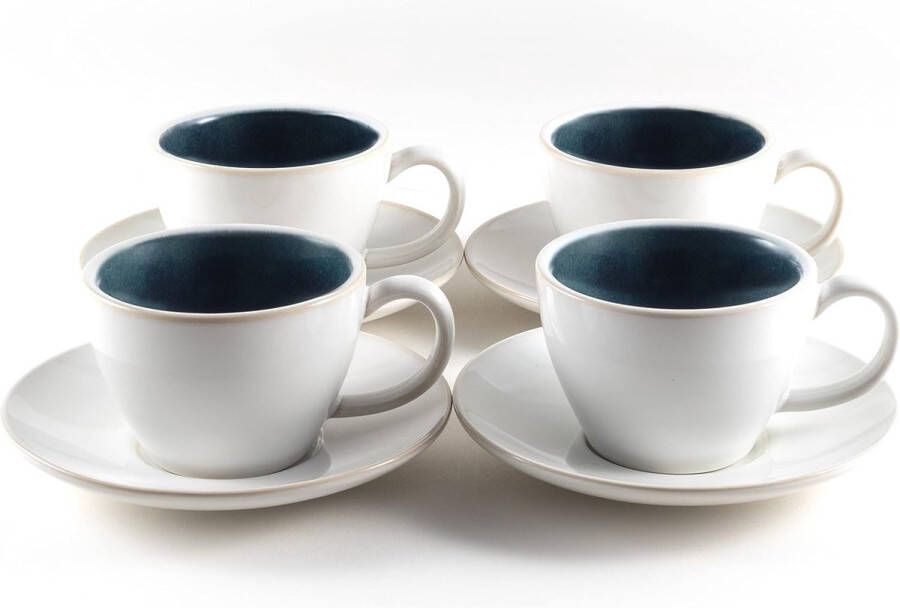 Cappuccino kopjes 4-delige set (180 ml) van aardewerk hoogwaardige en dikwandige koffiekopjes met schoteltjes (blauw) Vertaling: Set van 4 cappuccinokopjes (180 ml) van aardewerk hoogwaardige en dikwandige koffiekopjes met schoteltjes (blauw)
