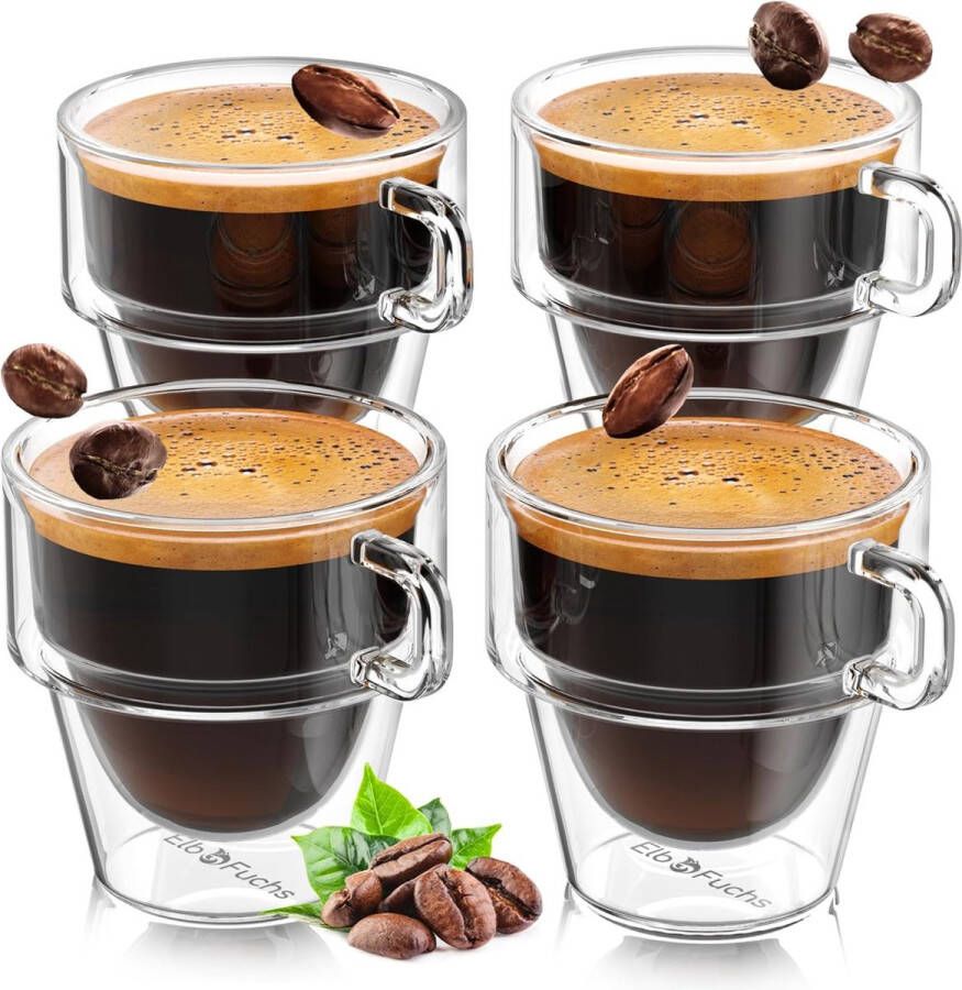 Cappuccino Kopjes [4 x 150 ml] Stapelbaar Ruimte Wonder Dubbelwandige Glazen met Handvat Thermische Dubbelwandige Glazen Ideaal als Cappuccino Glazen Koffie Glazen Thee Glazen