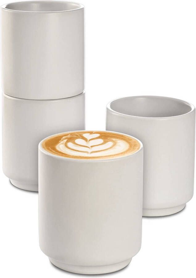 Cappuccino kopjes keramiek wit set van 4 stapelbaar design vaatwasmachinebestendig dikwandig (200 ml)