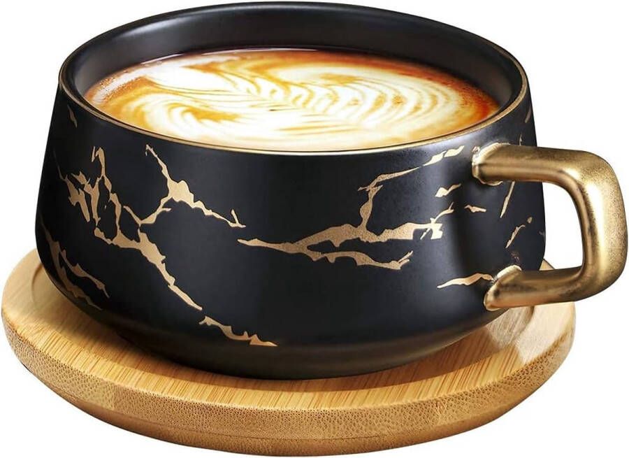 Cappuccino kopjes met schotel 300 ml porseleinen espresso kopjes voor thee koffie cappuccino koffiekopjes met houten schijf zwart