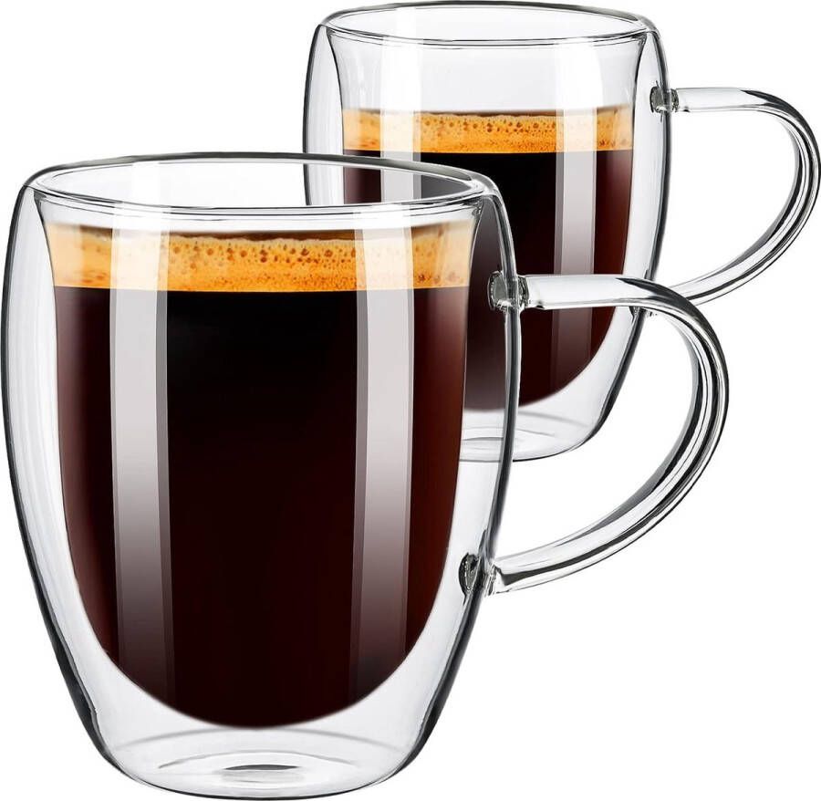 Cappuccino Kopjes Set van 2 350 ml Latte Macchiato Glazen Dubbelwandige Glazen met Handvat Espresso Kopjes Gemaakt van Borosilicaatglas Koffieglazen Geschikt voor Vaatwasser
