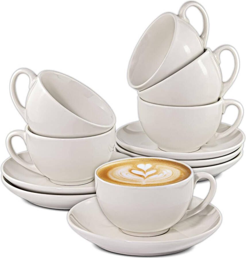 Cappuccino Kopjes Set van 6 Keramiek Wit met Schoteltjes Houdt Lang Warm Vaatwasmachinebestendig 180 ml