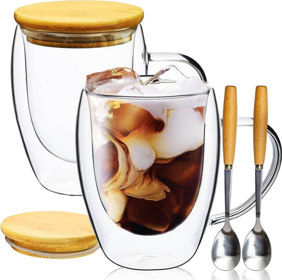 Cappuccinokopjes set van 2 350 ml latte macchiato glazen met lepel en deksel dubbelwandige glazen espressokopjes van borosilicaatglas koffieglazen voor vaatwasmachinebestendig