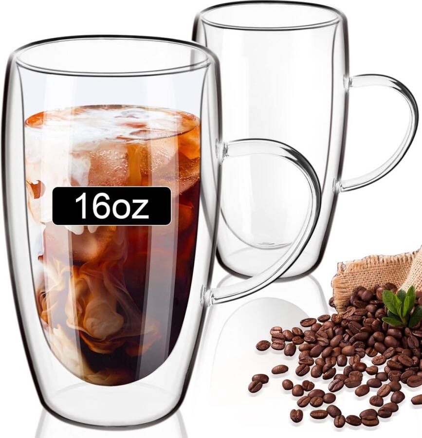 Cappuccinokopjes set van 2 470 ml latte macchiato glazen dubbelwandige glazen met handvat espressokopjes van borosilicaatglas koffieglazen voor vaatwasmachinebestendig (470 ml)