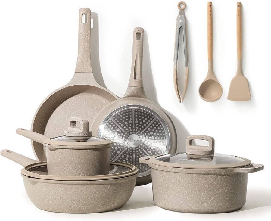 CAROTE 11-delige Pannenset Bestaande uit een pan van 24 28cm Braadpannen 28cm Wokpan en 16 24cm Sauspannen met deksel Siliconen Bestek Steaktang niet giftig Compatibel met Alle Fornuizen