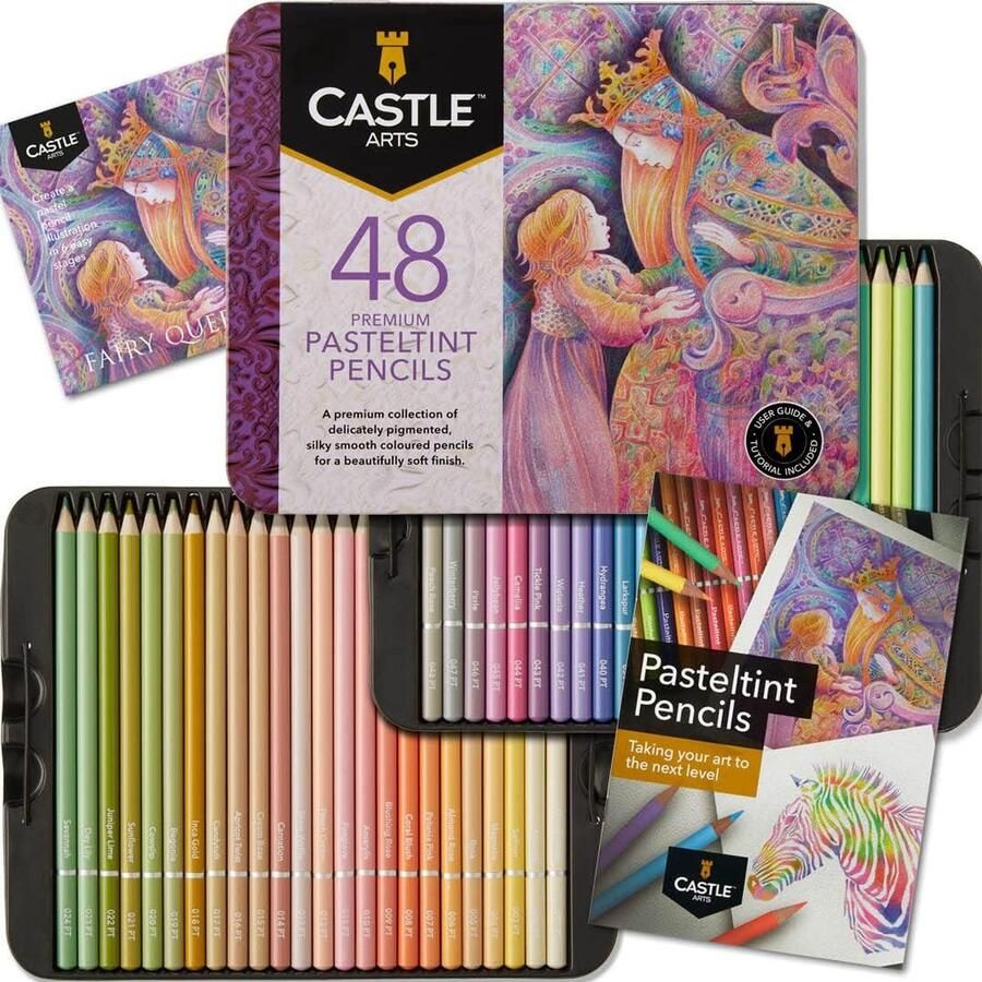 Castle Art Supplies 48 Pasteltint Kleurpotloden Set Kwaliteitskleuren in zachtere weelderige tonen Voor professionele en volwassen artiesten Beschermd en georganiseerd in een blikken doos