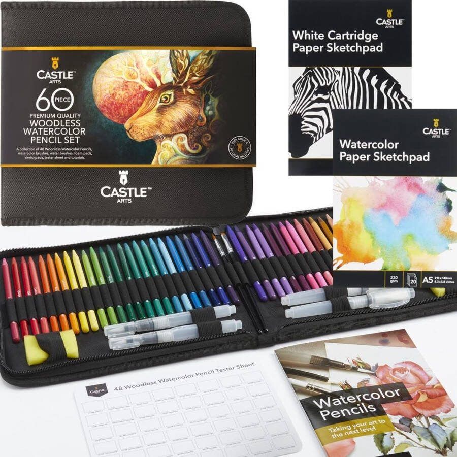 Castle Art Supplies 60-delige set houtvrije aquarelstiften 48 stabiele hoogwaardig gepigmenteerde stiften plus extra's volledige kern geen hout voor professionals beginners kleurkunstenaars