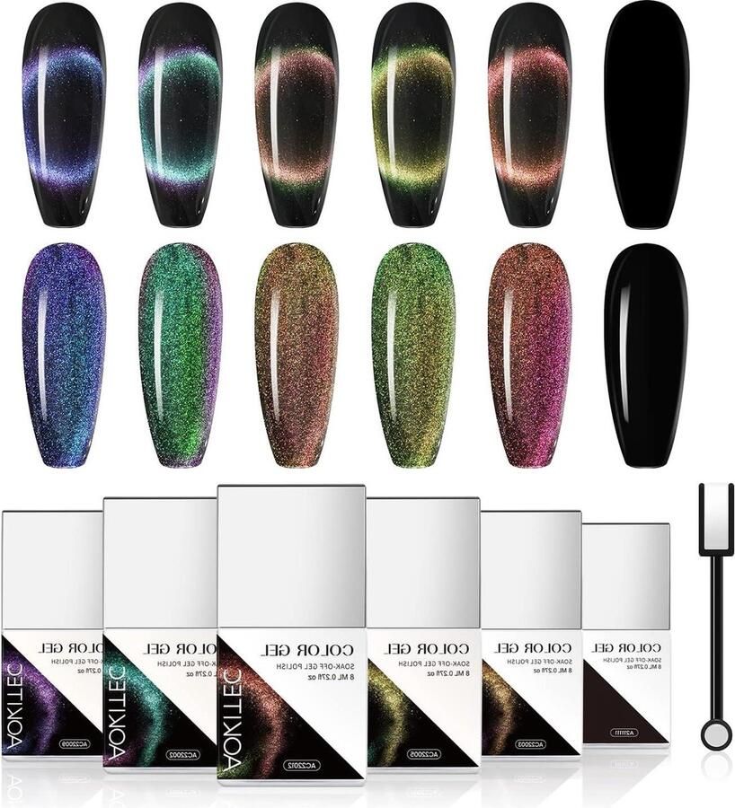 Cat Eye Gel Nail Polish Kits Black Gel Polish Magnetic Galaxy Glitter Holographic Glitter UV LED Soak Off Gel Nail Art 8ML*6 9D