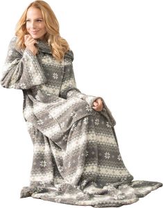 CelinaTex Deken met mouwen en voetenzak pluizige knuffeldeken 150 x 180 cm grijs en crèmewit microvezel fleece Oeko-Tex