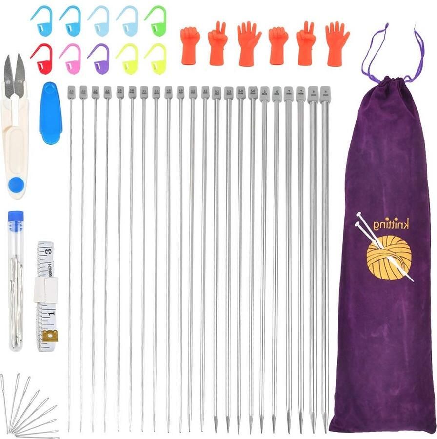 CENBEN 50 STKS Breinaald Set 22 STKS Enkele Puntige Breinaalden Rechte Breien Rvs Naalden Kit voor Truien met Pouch Lange Haak Metalen Breinaalden Naaien Accessoires