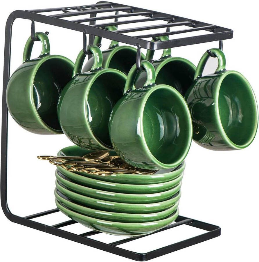 Ceramic Espresso Coffee Cups Set with Saucer Spoons and Metal Stand 4oz Porcelain Espresso Cups Set of 6 Green koffiekopjes set van 6