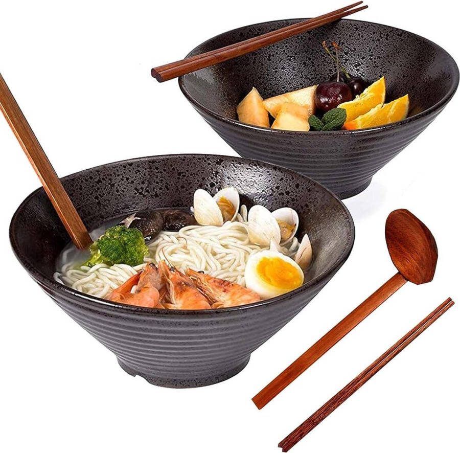 Ceramic Ramen Bowl Sets- Large Vintage Noodle Bowl 1000ml for Soups and Salads Includes Chopsticks and Spoon