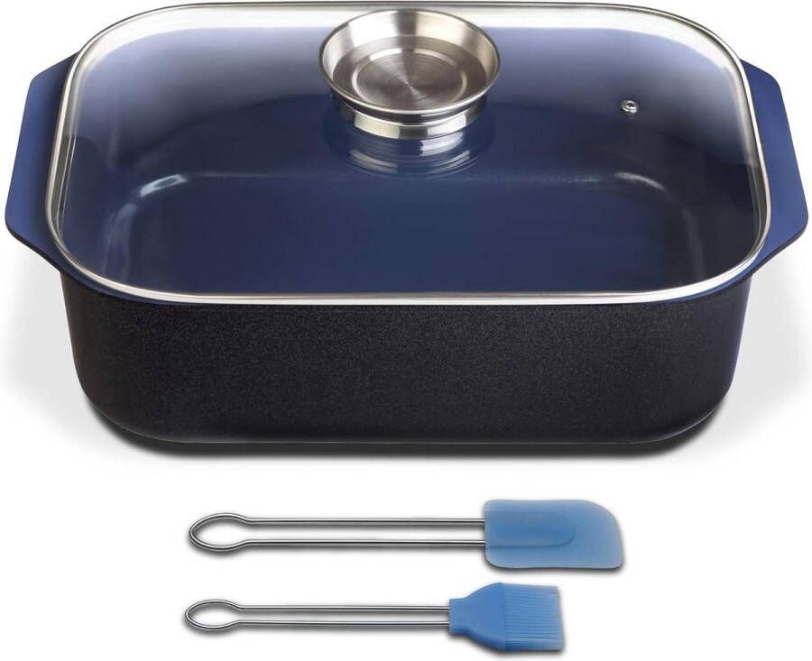 Ceramica kobaltblauwe inductie rechthoekige braadslede met glazen aroma-deksel 40 x 26 x 11 cm 80 liter incl. Bakkwastenset gegoten aluminium zwart blauw 40 cm