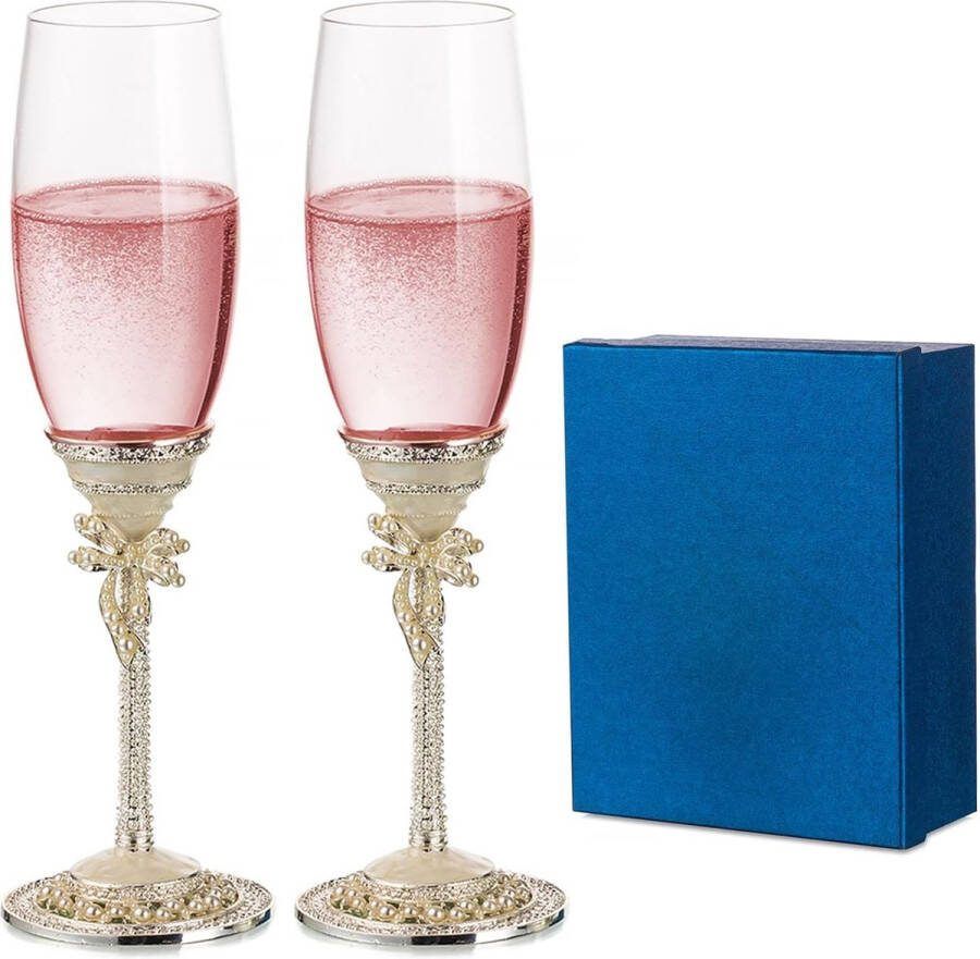 Champagne Fluiten Huwelijksgeschenken Set van 2 Champagneglazen met Geschenkdoos Metalen Basis met Kralen Decoratie Gepersonaliseerde Bruiloftsglazen voor Bruid Bruidegom Verlovingsgeschenken
