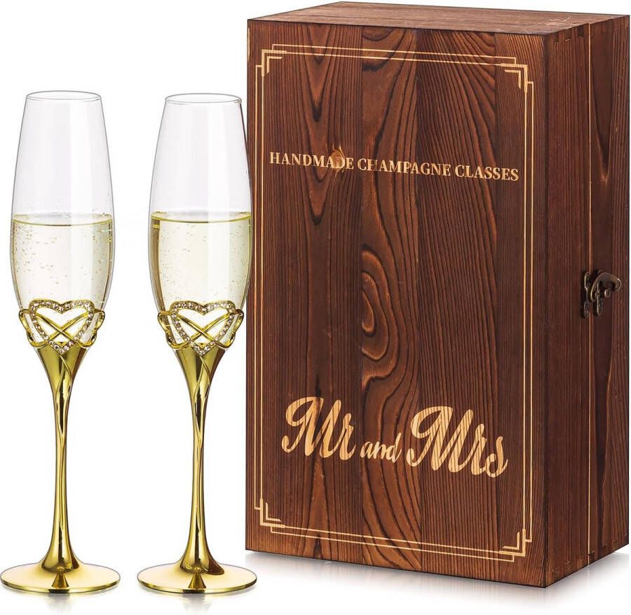 Champagneglazen Geldcadeau Bruiloft Set van 2 Gouden Champagneglazen met Houten Geschenkdoos Gepersonaliseerde Kristallen Glas voor Mr Mrs Bruiloften Verloving Verjaardag Verjaardagsfeestje