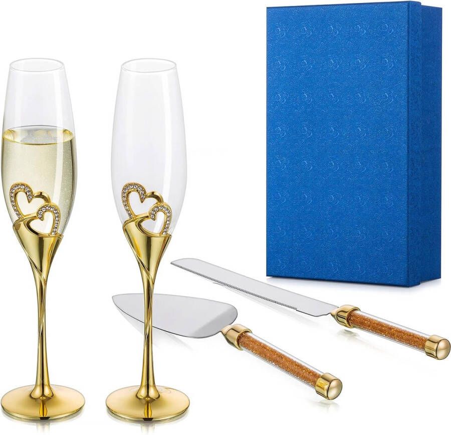 Champagneglazen Gouden Bruidstaartmes en Serveerset Kristal Champagne Fluiten Toast met Strass voor Verjaardag Verlovingsfeest Housewarming Cadeaus voor Paar Bruid & Bruidegom