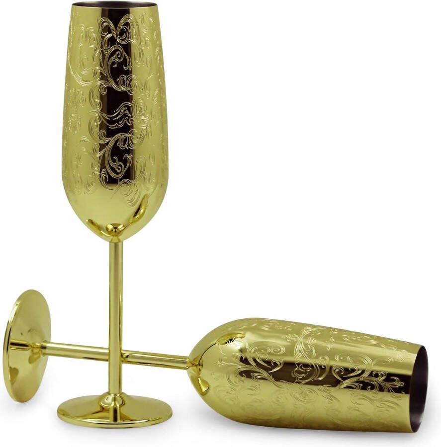 Champagneglazen set van 2 roestvrij staal champagnefluit onbreekbare wijnbekers voor bruiloft jubileum tuin barbecuefeest 280 ml (goud)