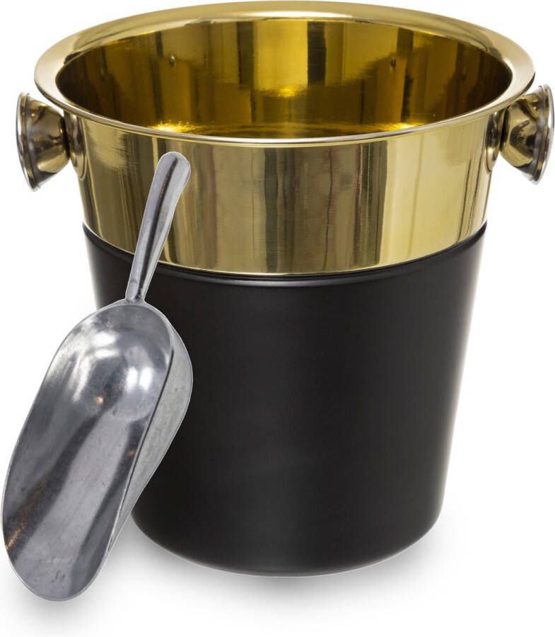 Merkloos Champagnekoeler ijsemmer incl. ijsblokjes schep 3L zwart goud D24 cm IJsemmers