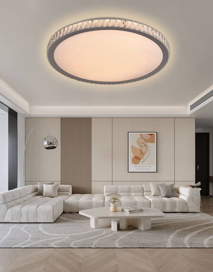 Chandelix Luxe Grote Ronde Plafondlamp Plafonnière Ø80cm Chroom Dimbaar met Afstandsbediening en app Zilver Glas Kristallen Kristal effect Slaapkamer Woonkamer Eetzaal LED 90 W