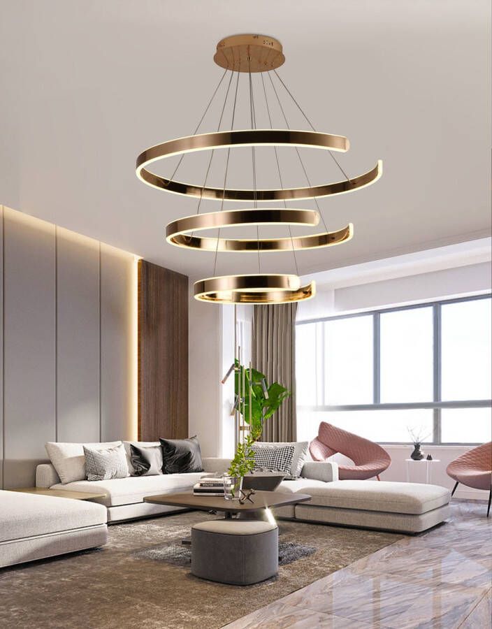 Chandelix Luxe Hanglamp Woonkamer Ringen met Afstandsbediening en App Dimbaar In hoogte verstelbaar Woonkamer verlichting Slaapkamer verlichting Smartlamp Ringlamp LED Zilver Chroom