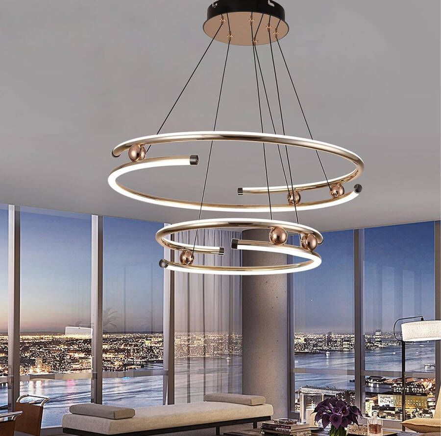 Chandelix Luxe Hanglamp Woonkamer 3 Ringen met Afstandsbediening en App Dimbaar In hoogte verstelbaar Woonkamer verlichting Slaapkamer verlichting Smartlamp Ringlamp LED Brons