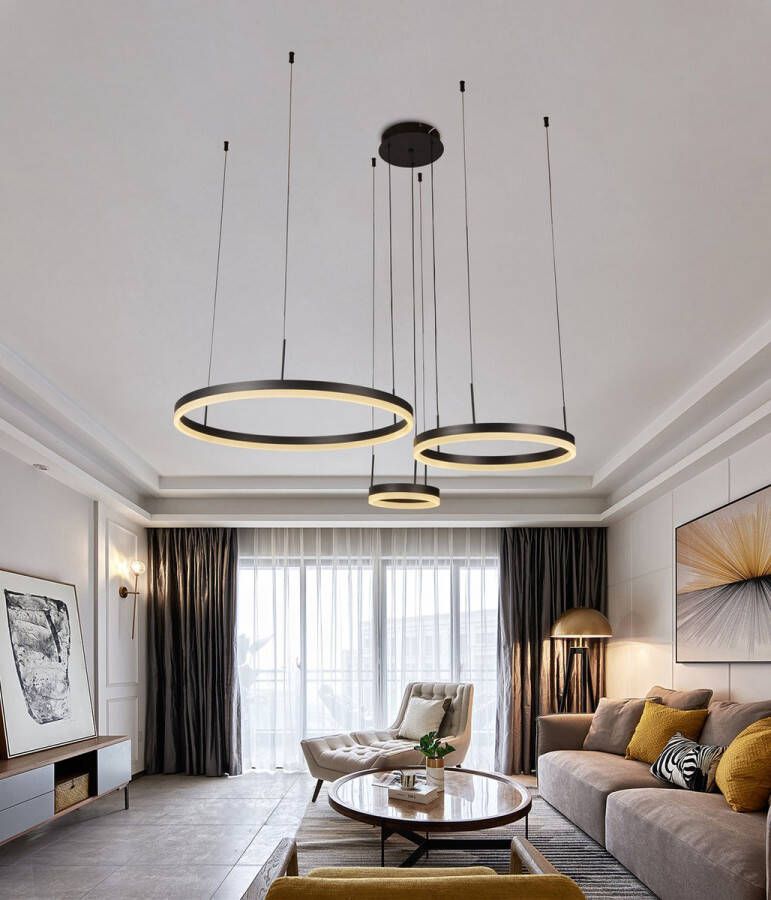 Chandelix Luxe 3 Ringen Hanglamp Zwart 3 Ringen Met Afstandsbediening en App Dimbaar In hoogte verstelbaar Woonkamer verlichting Slaapkamer verlichting Smartlamp Hanglampen Woonkamer LED
