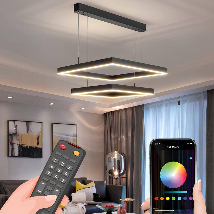 Chandelix London Circle Dimbaar met Afstandsbediening en App Plafondlamp ringen 45 Watt Led Lamp Plafonnière Kroonluchter Zwart Slaapkamer Keukenlamp Verlichting Woonkamer Keuken Rond Modern