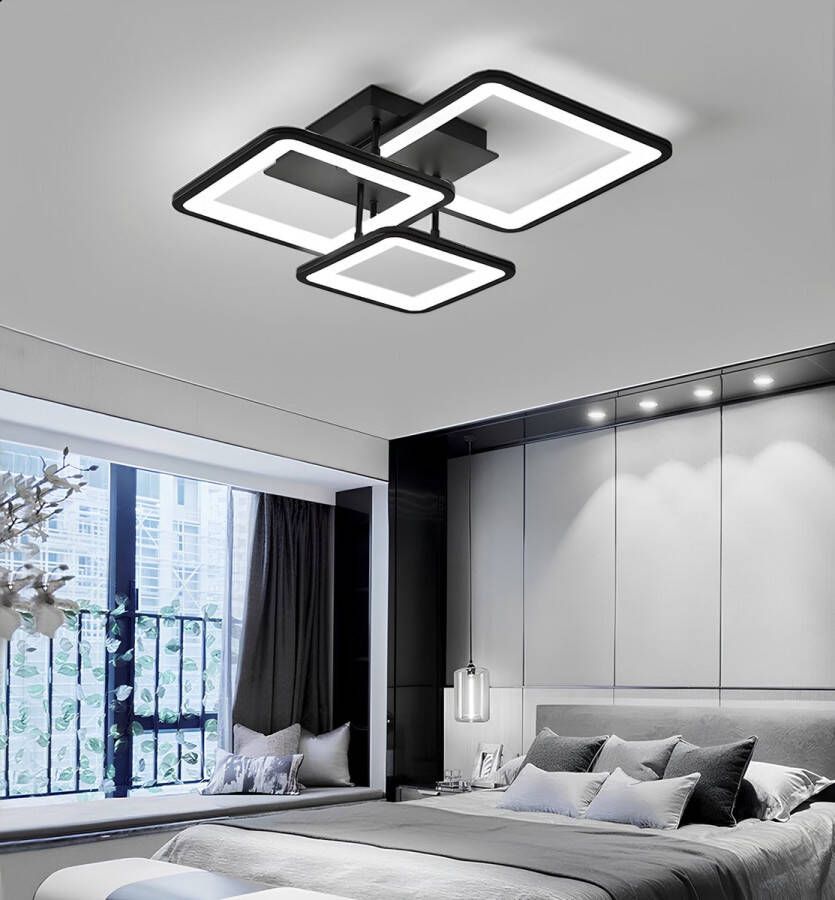 Chandelix Square Amsterdam Dimbaar met Afstandsbediening en App Plafondlamp ringen 45 Watt Led Lamp Plafonnière Kroonluchter Zwart Slaapkamer Keukenlamp Verlichting Woonkamer Keuken Vierkant Modern