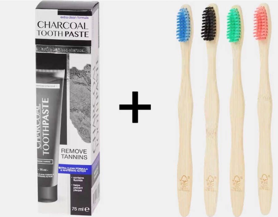 Charcoal Toothpaste Houtskool Tandpasta 75 ml Whitening Anti tandplak en Antibacterieel Met Actieve Kool + 4 Bamboo Tandenborstel