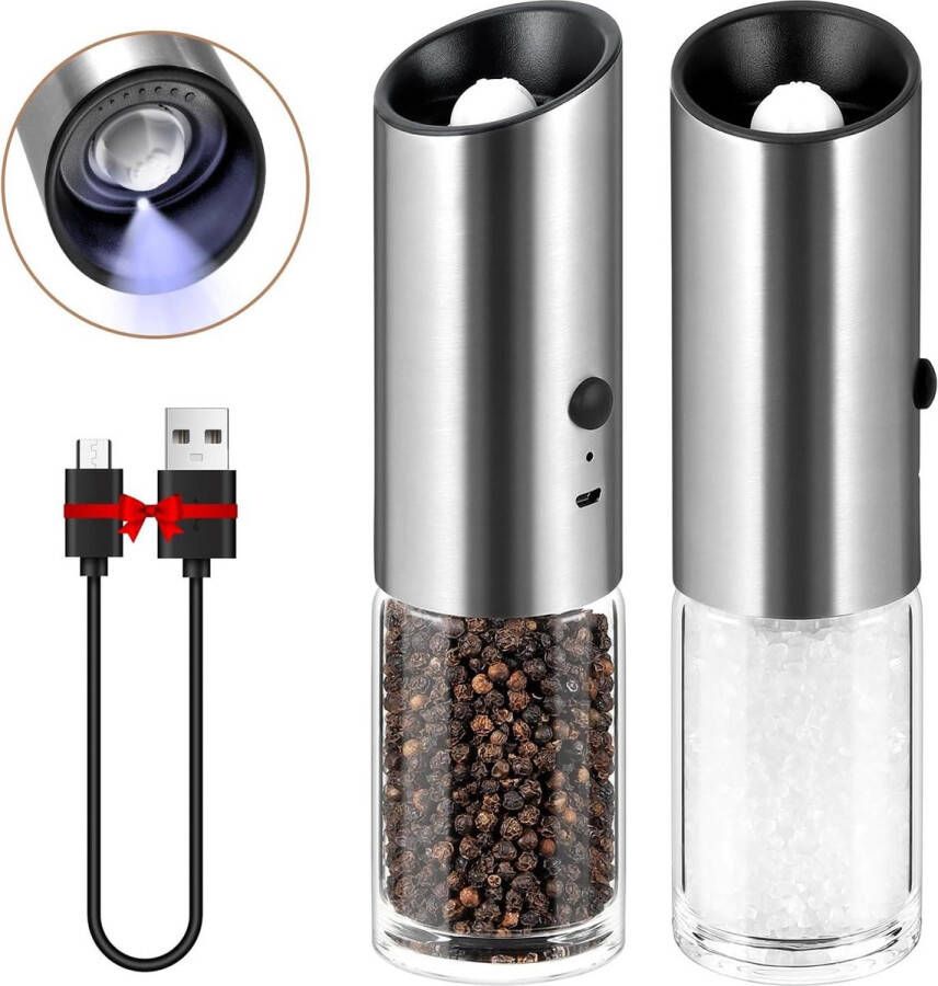 Chef Elektrische Zout-en Pepermolen Set USB Oplaadbaar LED Licht Verstelbare Grofheid Keramische Kern Automatisch Eenhandige Bediening Roestvrijstalen Behuizing Eenvoudig Navulbaar salt and pepper grinder set copper