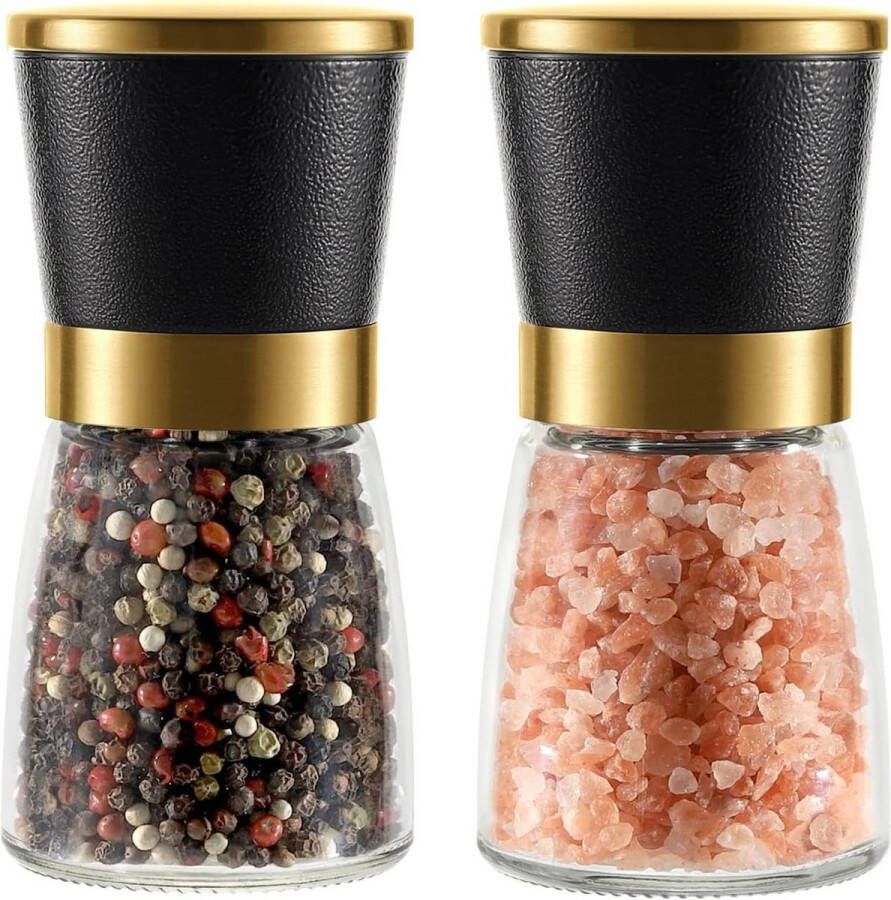 Chef Gold Salt and Pepper Mill Set Easily Adjustable Coarseness Ceramic Core Refillable Spice Grinder Transparent Crystal Glass Body Marble Style