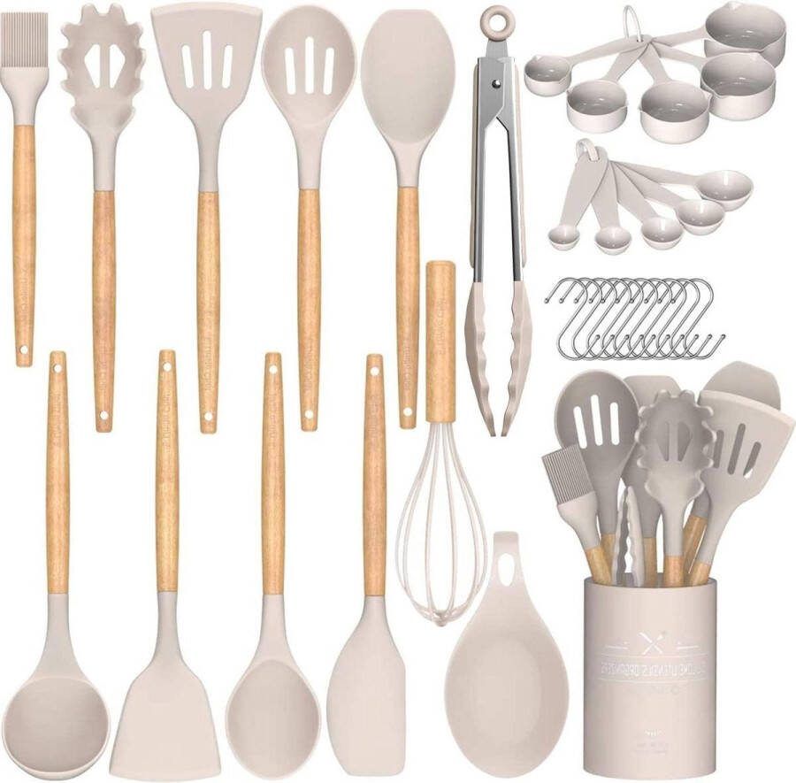 Chef Keukengerei Set 33 stuks non-stick siliconen kookgerei spatel set met houder houten handvat keukengadgets gebruiksvoorwerpen kaki