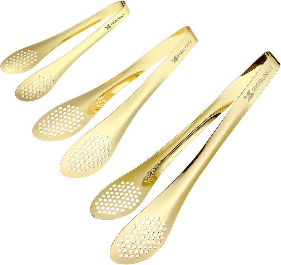 Chef Keukentang Roestvrijstalen Voedseltangen Buffettangen Set van 3 (gouden 17 8 cm 23 cm 28 cm)