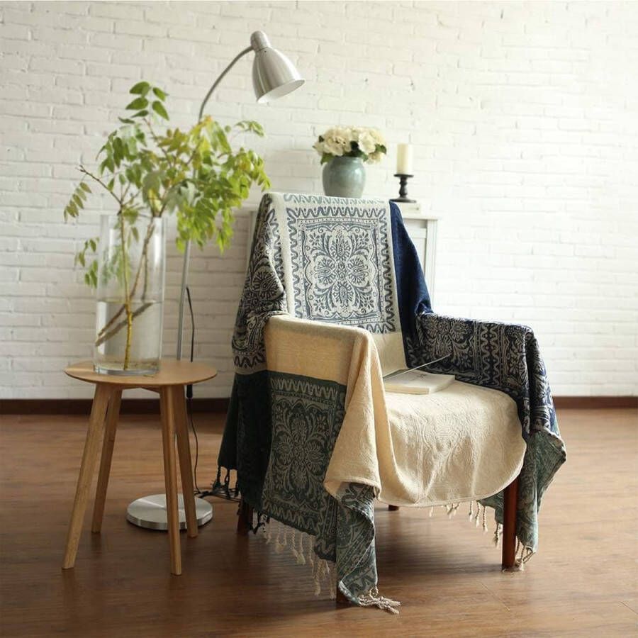 Chenille plaid deken jacquard kwasten plaid deken bankstoelhoes decoratief voor bedbank fauteuil volkstribaal patroon (Melkwit 150 x 190cm)